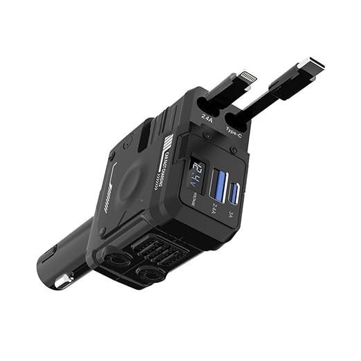 AMPERE 66W Retractable Car Charger - 4 in 1 Fast Car Charger with USB-C & Lightning Cables & Dual USB Ports (Type-C PD & USB-A), LED Indicator, Compatible with iPhone & Type-C Android Smartphones