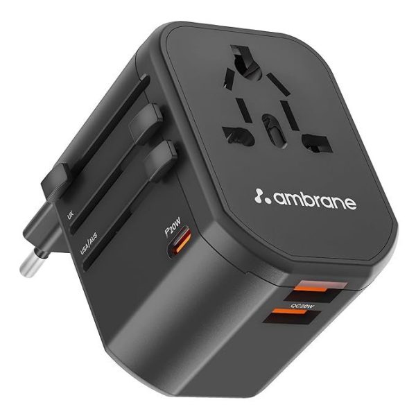 Ambrane Universal Travel Adapter, 4 in 1 Fast Charging; 1 Type C (20W), 2 USB (20W) & 1 AC Socket (880W) with 3 Removable pins for EU, UK and USA/AUS and Other Countries for Modern Travel (ATA-01)